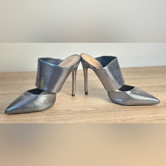 SCHUTZ Quereda Women’s Silver Metallic Heeled Leather Sole Mules Size 9B - Picture 7 of 12